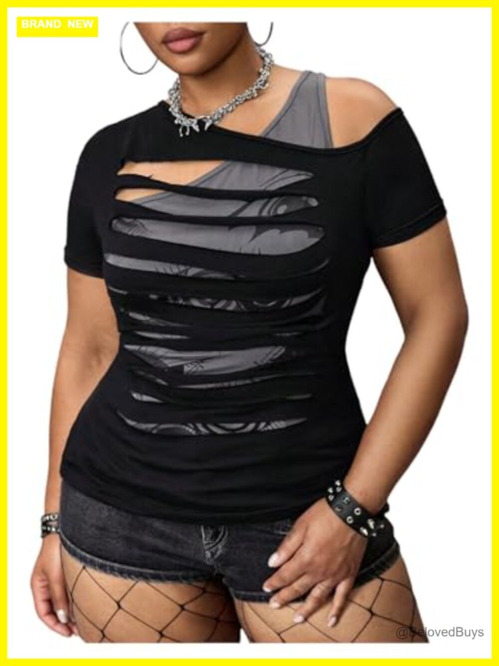 Plus Size Y2K Punk Graphic Tee Cold Shoulder 2-in-1 Ripped T-Shirt
